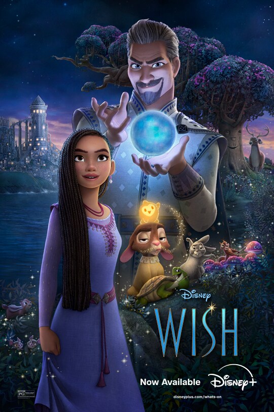 A man holds a glowing blue orb. In front of him is a girl in a purple dress.