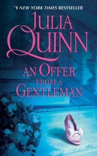 An Offer From a Gentleman book cover (a pink dress slipper sitting on a blue-toned stairway)