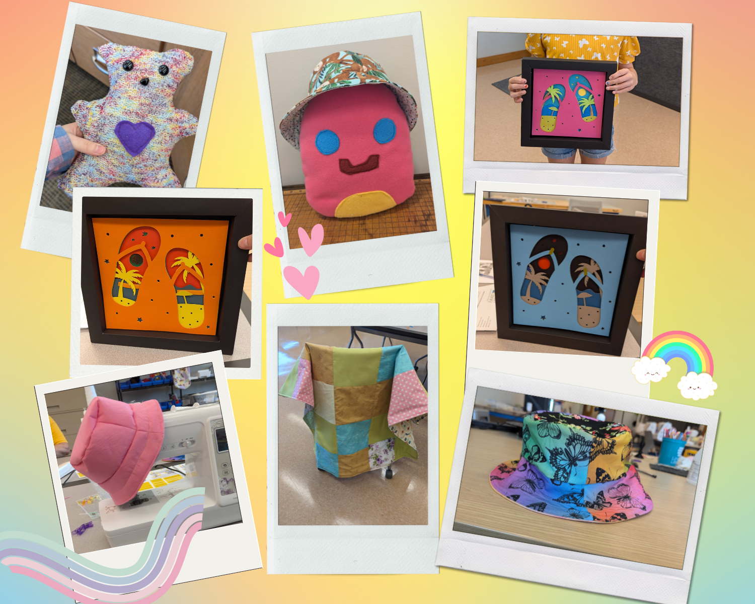 photo collage of paper shadowboxes, plush toys, and bucket hats