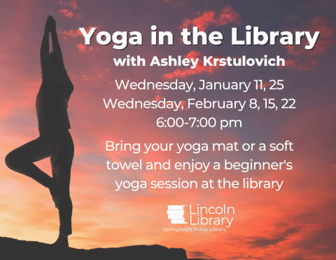 The text "yoga in the library" and a picture of a woman stretching in front of a sunset
