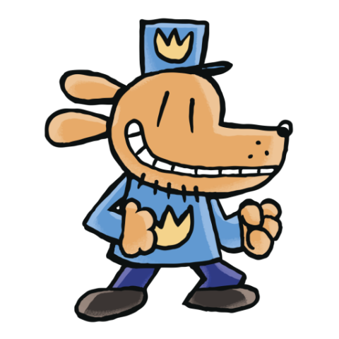 A cartoon dog in a blue coat and pants with a blue hat and yellow logo.