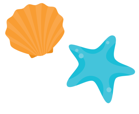 A cartoon image of an orange scallop shell and a blue starfish.