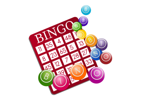 A red BINGO card with multi colored Bingo balls along the outside edges.