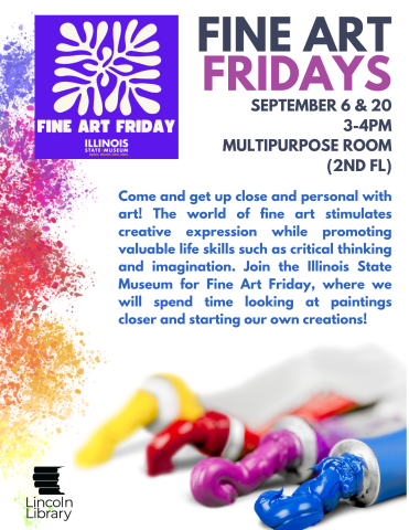 A flyer with the blue "Fine Art Friday" logo and a description of the program. 4 tubes of paint are at the bottom of the image.