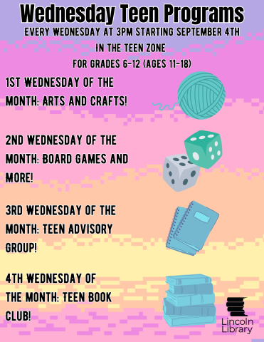 Wednesday Teen Programs, Every Wednesday at 3pm starting September 4th