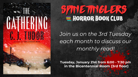 promotional image for Horror Book Club showing a town in a blizzard underneath a red sky that gradually turns black