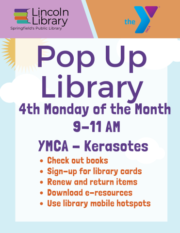 The Lincoln Library and YMCA logos at the top with text describing the date, time, activities that happen at a Pop-up library.