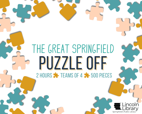 Teal, pink, and brown puzzle pieces create a border and the title of the event and words describing the event are in the center of the design.