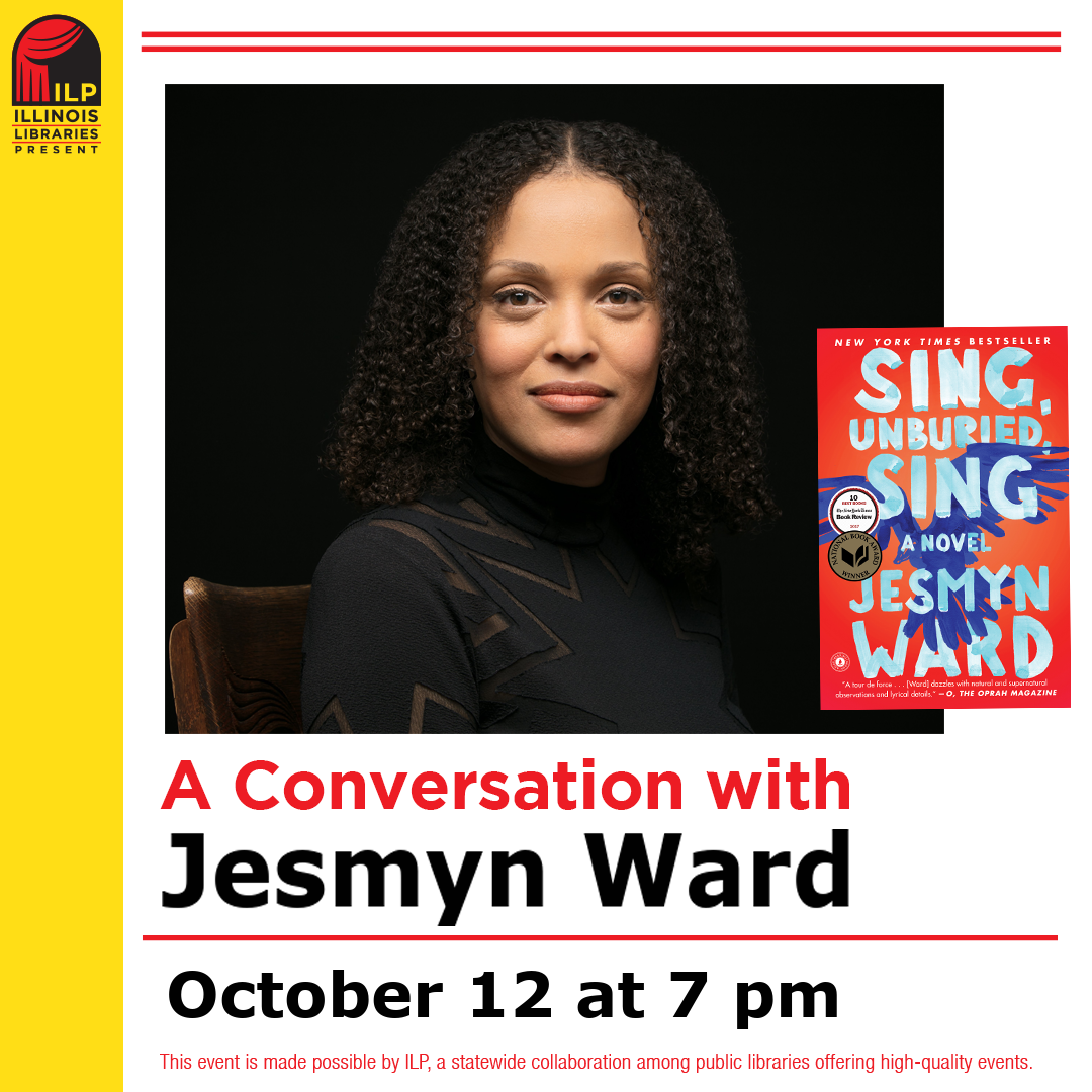 A photo of Jesmyn Ward next to a copy of her book, "Sing Unburied Sing"