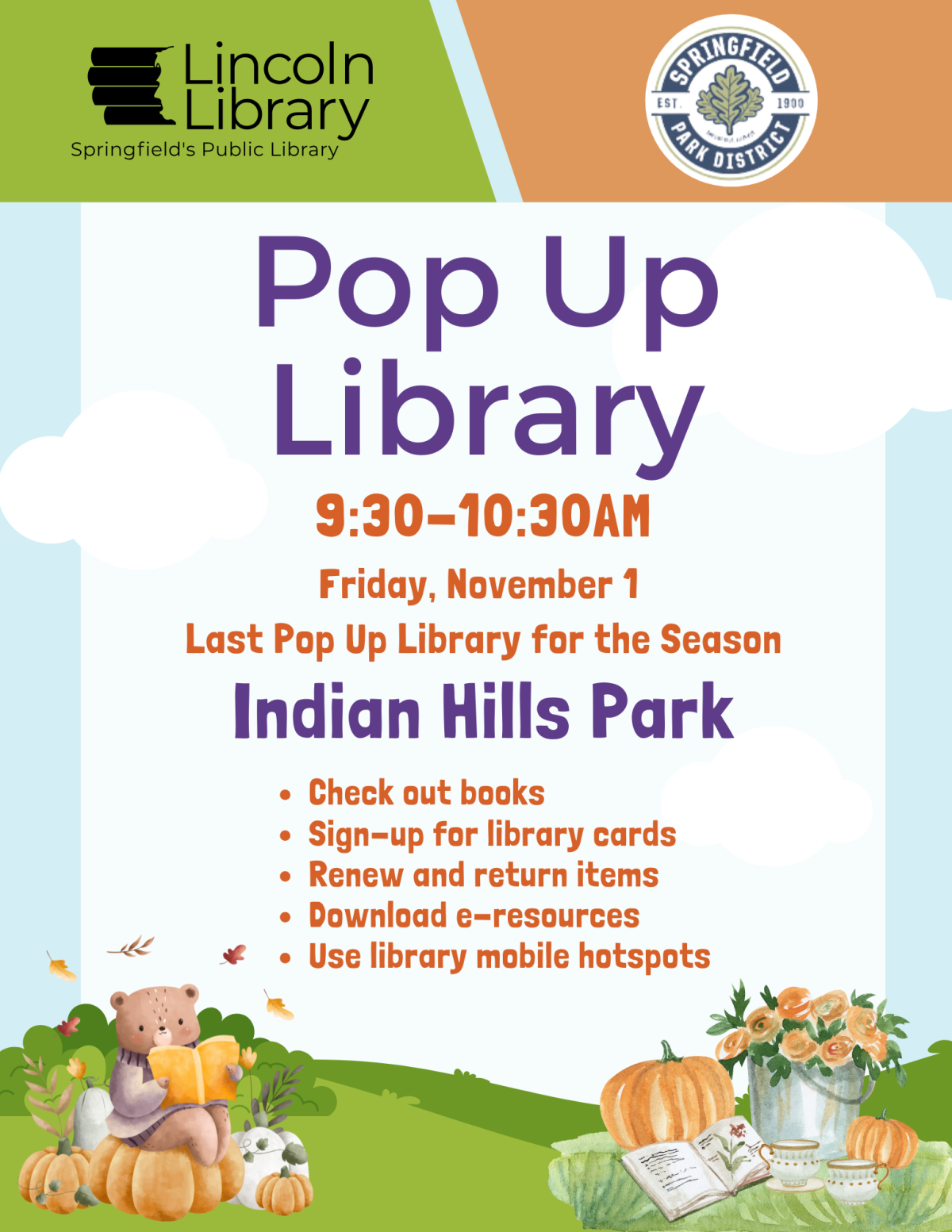 Pop Up Library, Indian Hills on November 1,  9:30-10:30 am