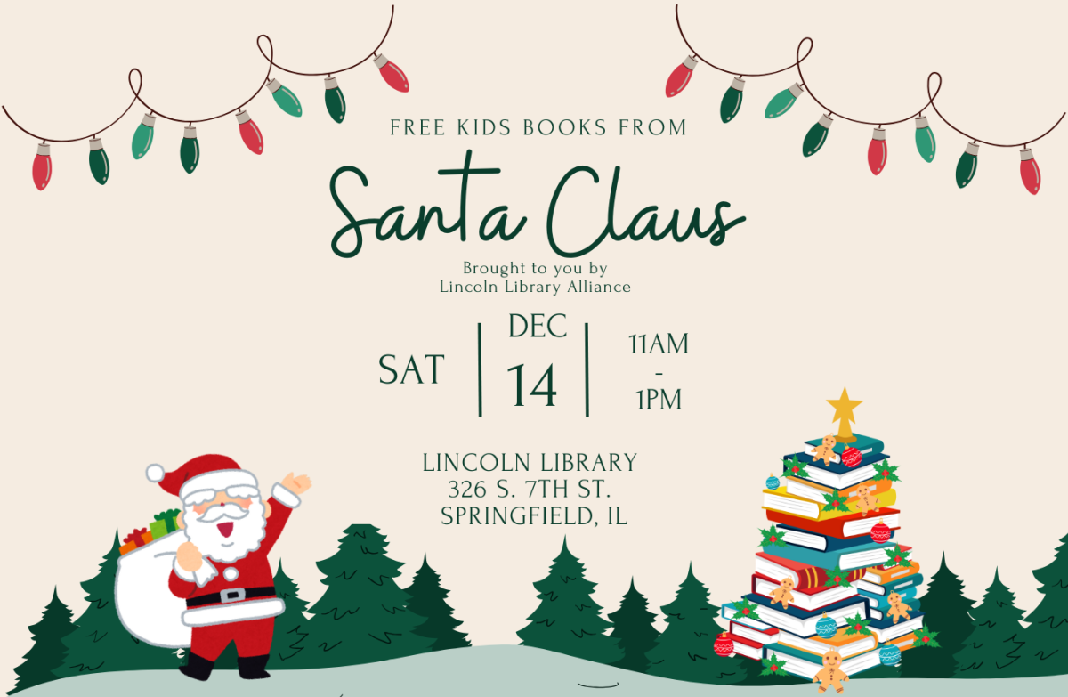 A flyer for the event, including images of Santa Claus and a stack of books