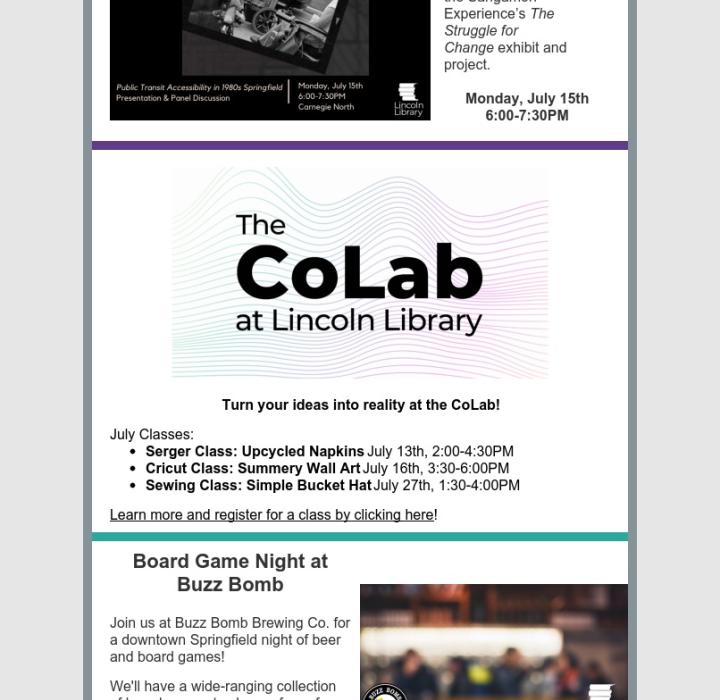 Snippet of the "Lincoln Library News & Events" for July 2024