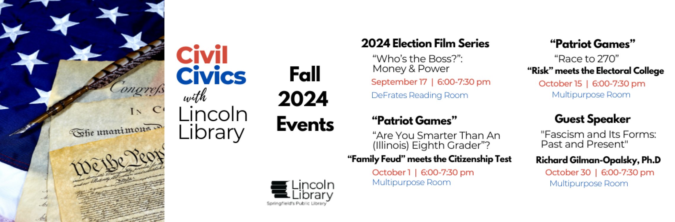 "Civil Civics Fall 2024 Events" next to a picture of the Constitution