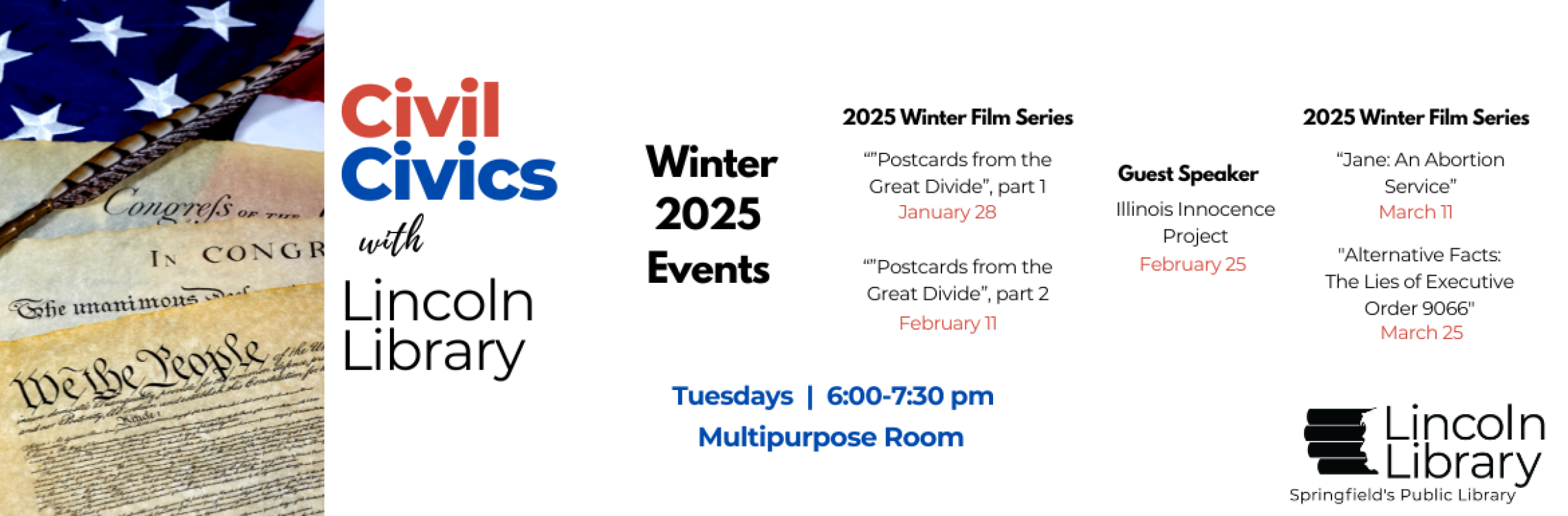 Civil Civics Winter 2025 events, select Tuesdays 6-7:30PM